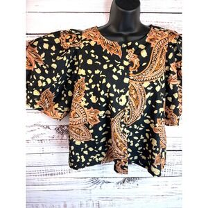 Who What Wear Blouse Top L Paisley Print Black Orange‎ Huge Puff Sleeve Cropped